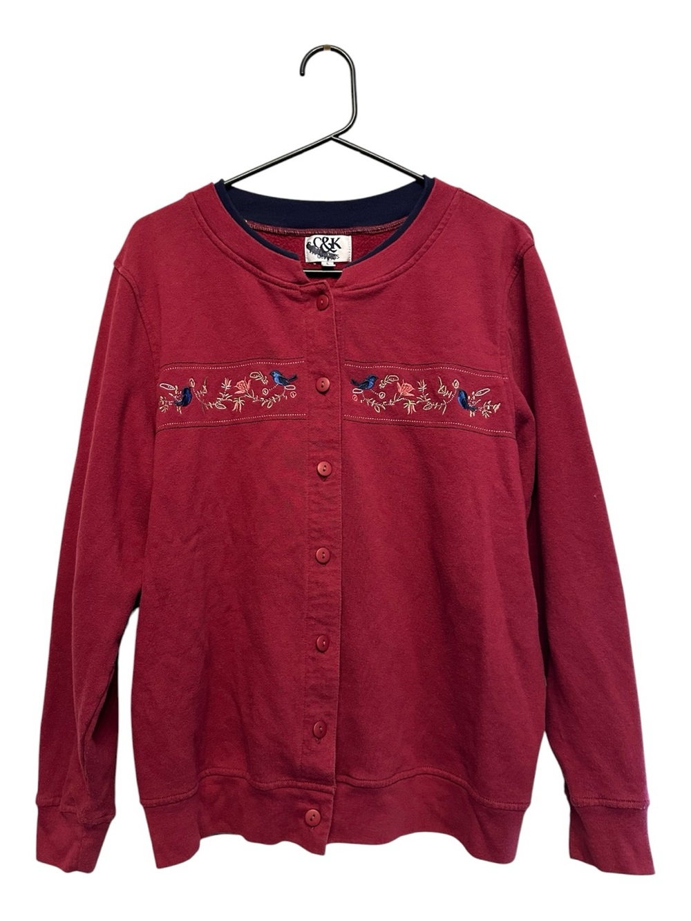 Vintage C&K Designs Cranberry Red Button-Up Cardigan with Embroidered Birds L